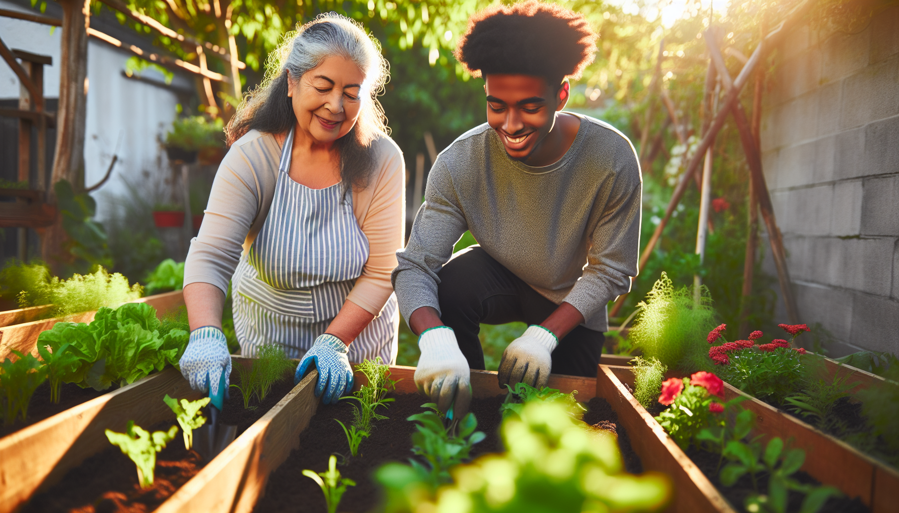 older adult and young adult tending raised garden beds together in a community garden, bright morning light, lush greens and flowers